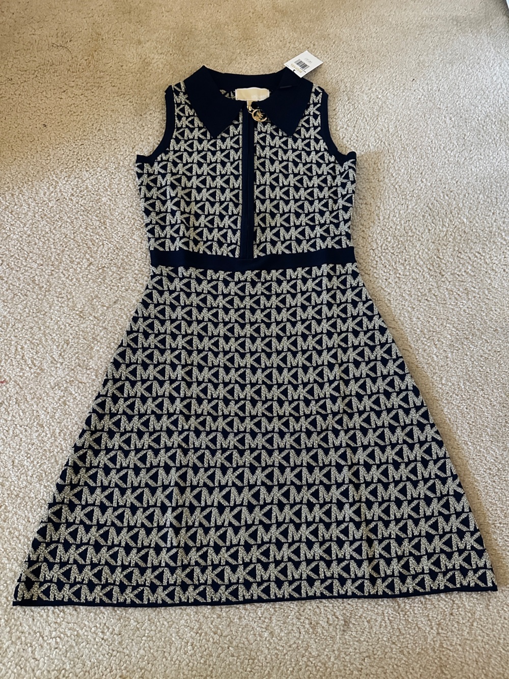 Michael Kors Navy Polo Mini Dress in Logo-jacquard Knit Size M NWT